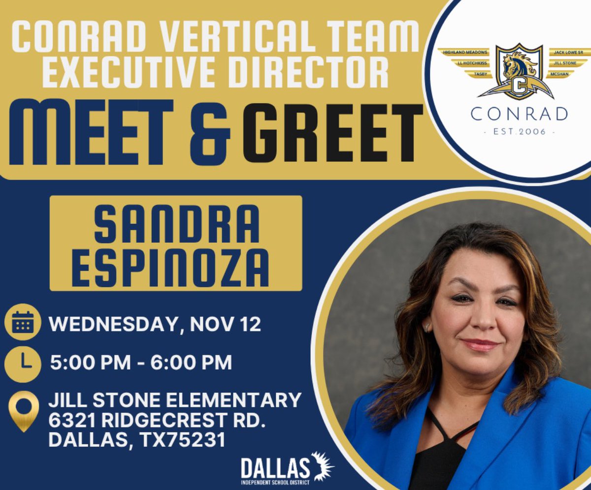 Welcome to our new Executive Director,  Sandra Espinoza, as she joins our Conrad Vertical Team! 

The meet and greet will be held Wednesday,  November 12 at Jill Stone elementary from 5 PM to 6 PM. Hope to see you there!