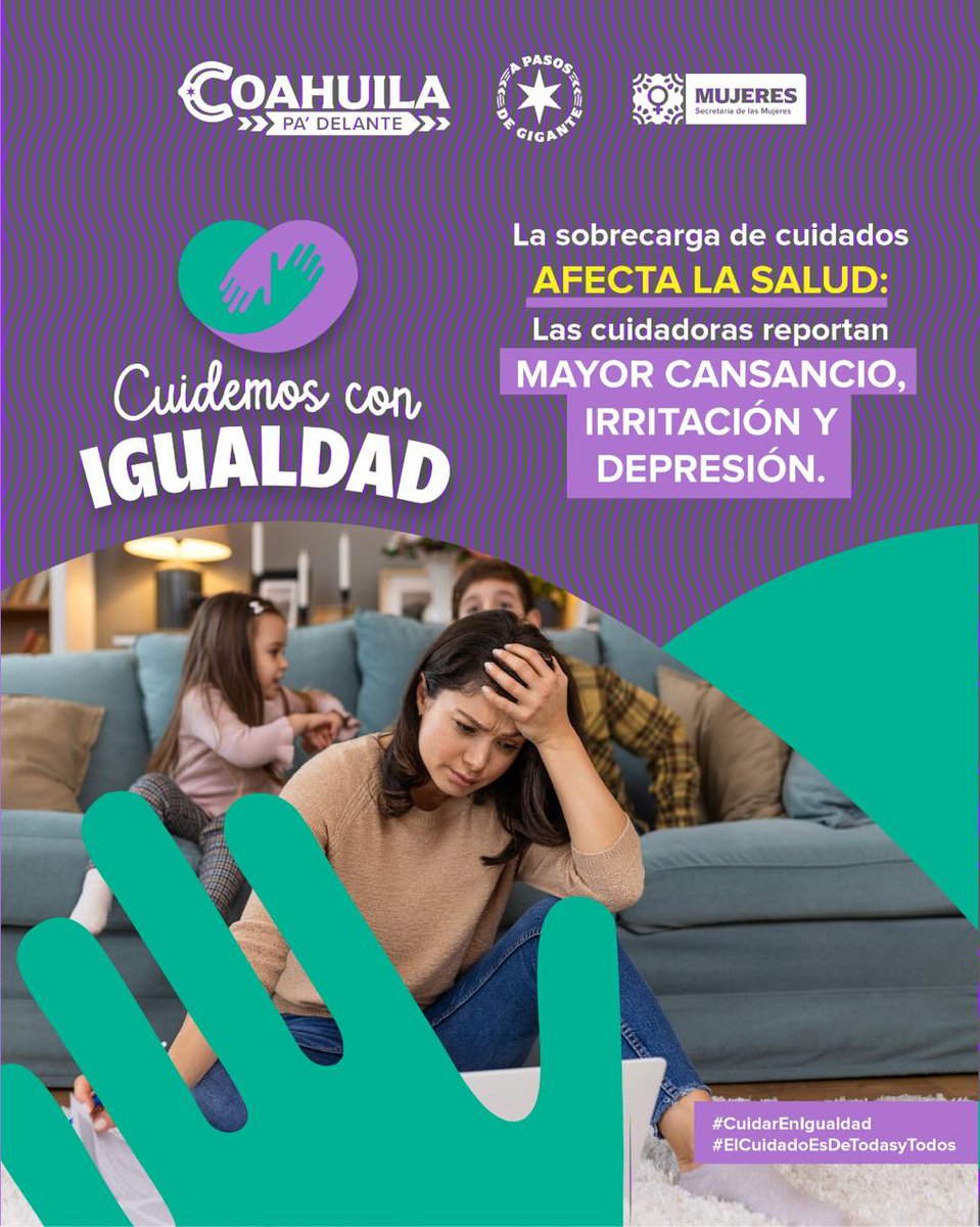 La sobrecarga en el trabajo cuidados tiene consecuencias y afectaciones para la persona cuidadora. Súmate a #CuidarEnIgualdad #ElCuidadoEsDeTodasyTodos “Mujeres Sin Carga Doble”.  

#CoahuilaPaDelante #APasosDeGigante