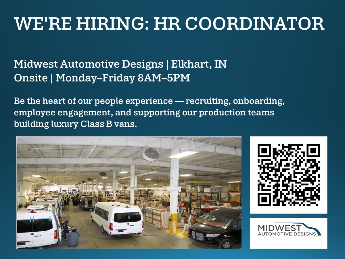 lovelladecco's tweet image. We’re Hiring! 🚐✨
Midwest Automotive Designs (a REV Group company) is looking for a hands-on, people-first HR Coordinator to support our team in Elkhart, IN!
#MidwestAutomotive #REVGroup #WeAreHiring