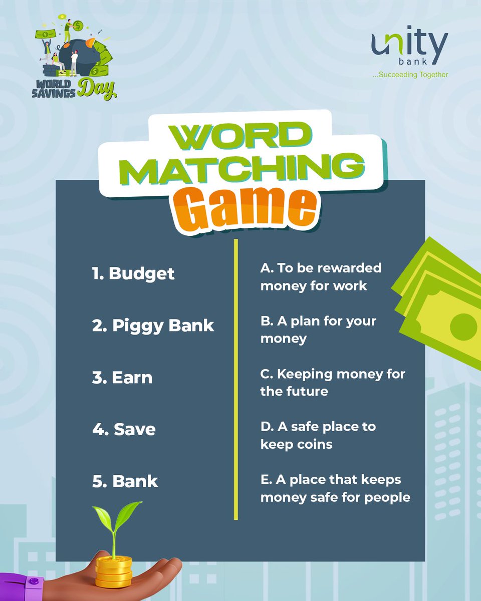 UnityBankPlc's tweet image. How well do you know your savings terms?

Match the words to their correct meanings and show off your money knowledge. 

How to participate:
1. Drop the correct answer in the comments.
2. Follow @unitybankplc on all our social media platforms.
3. Make sure your kids have a GenFi…