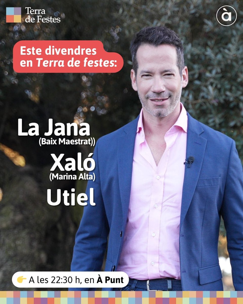 📺 <a href="/terradefestes/">Terra De Festes</a>, el programa impulsat per À Punt, la <a href="/fvmpendirecto/">FVMP</a> i Presidència de la <a href="/generalitat/">Generalitat</a> visita esta setmana les festes d'<a href="/Ajunt_laJana/">Ajuntament de la Jana</a> (Baix Maestrat), Xaló (Marina Alta) i <a href="/AytoDeUtiel/">Ayuntamiento de Utiel</a>.

🗓️ Este divendres, 7 de novembre, a les 22:30 hores, en À Punt.