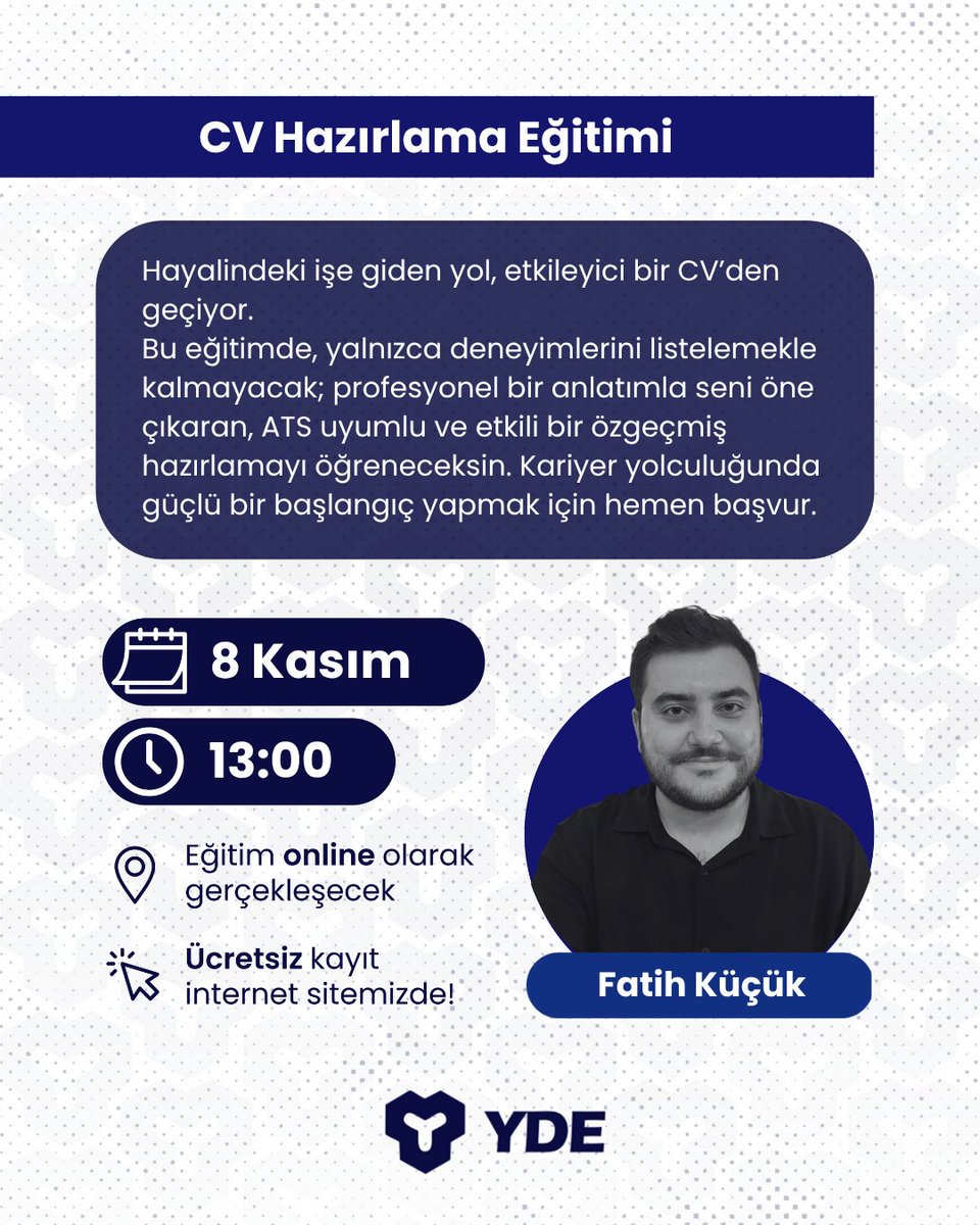 Hayalindeki işe giden yol etkileyici bir CV’den geçiyor.
Bu eğitimde, seni öne çıkaran ATS uyumlu bir özgeçmiş hazırlamayı öğren!

📅 8 Kasım | 🕐 13:00
💻 Online – ✅ Ücretsiz

▶️ Başvuru: lnkd.in/dwbsEqrk