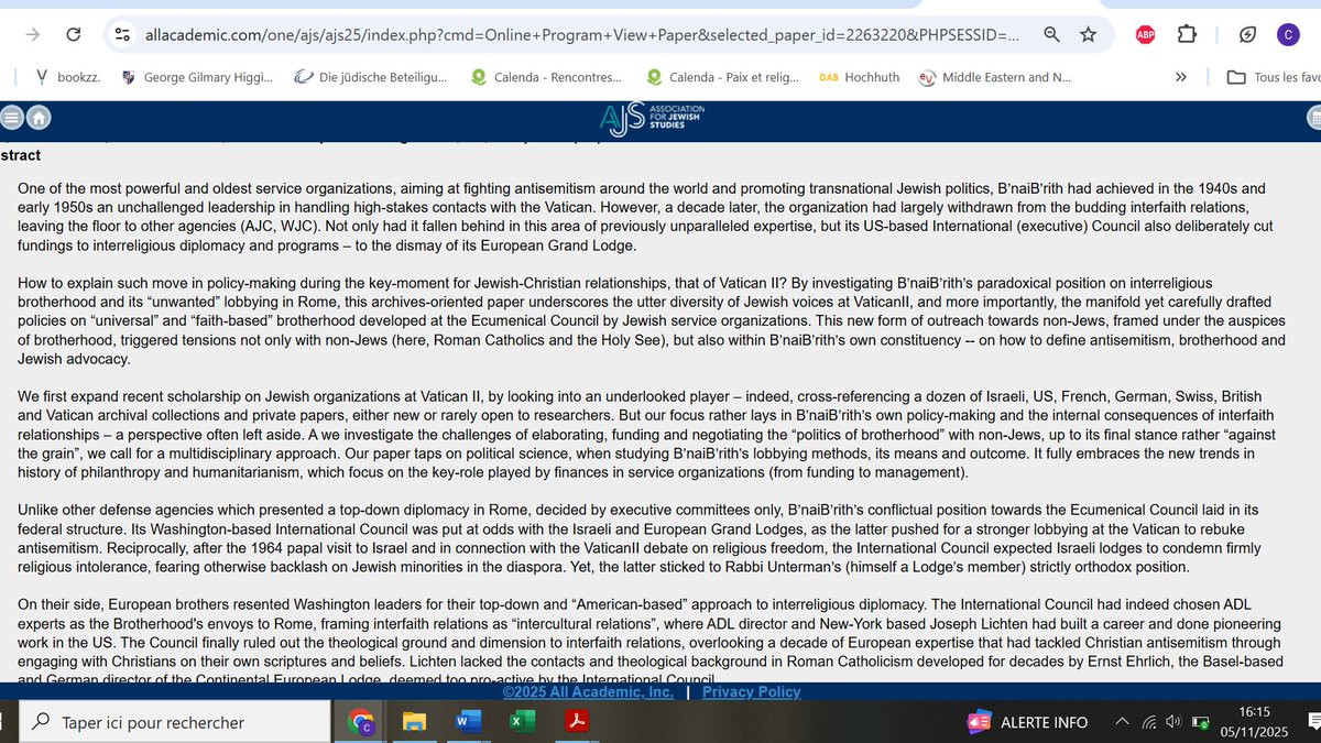 CMaligot's tweet photo. In a month in Washington, Association for Jewish Studies, 57th annual conference, December 12, 2025. 
"Tensions in brotherhood politics: the International Council of B’nai B’rith, European and Israeli Lodges facing the challenges and costs of interfaith diplomacy at VaticanII" https://t.co/sumvTgUxX7