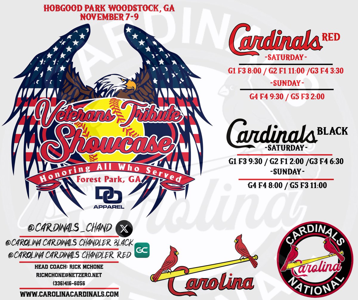 SCHEDULE DROP ⚠️ 

Chandler Red and Black hit the road to Atlanta this weekend for our second to last stop for the fall season! 🥎 

Game times listed below 👇🏼 

#carolinacardinalschandler