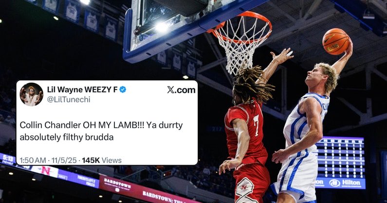 JackPilgrimKSR's tweet image. Weezy F baby and the F is for filthy.

Lil Wayne joins the Collin Chandler Fan Club ™️ following his disgusting poster dunk — which was No. 1 on the #SCTop10

on3.com/teams/kentucky…