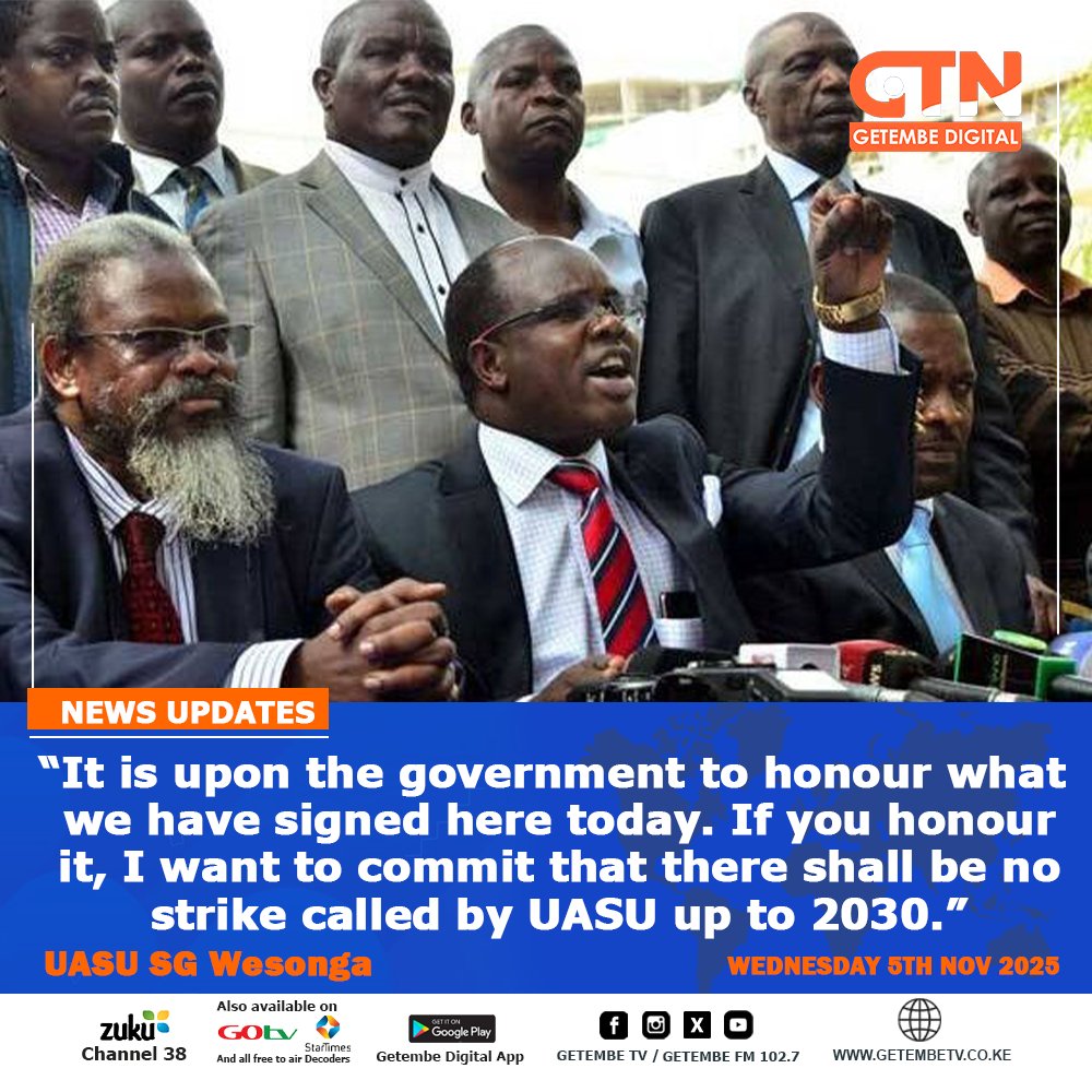 GetembeTV's tweet image. “No strike by UASU until 2030, if the government honours today’s agreement!” Wasonga
#UASU #KenyaEducation #LecturersStrike #CBATalks #KenyaTrending
