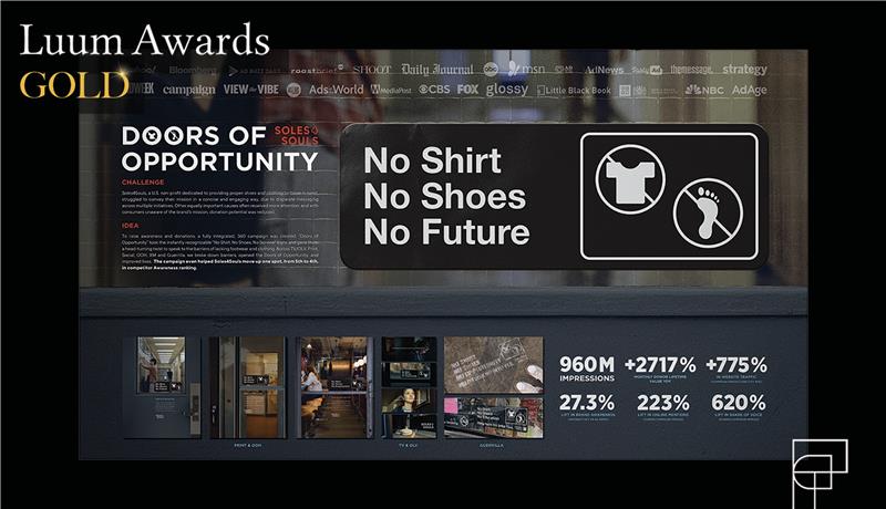 WE WON GOLD!🤗

We've been awarded GOLD at the 2025 Luum Awards for our <a href="/Soles4Souls/">Soles4Souls</a> creative work rooted in purpose. An incredible non-profit and client team that does great work around the globe to create tangible, real world change. We couldn't be prouder to share this award
