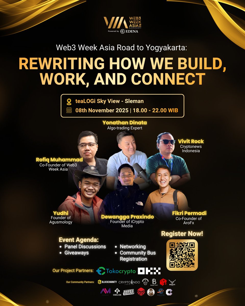 W3WOfficial's tweet photo. 👋 Wong Jogja, waktunya kita ngopi sambil ngebahas masa depan.

Bukan sekadar meetup, tapi ruang buat nyari arah baru, koneksi baru, dan mungkin, langkah karier barumu di Web3. 🌙

📅 08 November 2025 | 18.00 – 22.00 WIB
📍 teaLOGi Sky View — Sleman

Kamu datang.
Kita ngobrol.
Sisanya biar semesta yang atur. ✨

👉 Daftar sekarang: https://t.co/th54jNuRi7