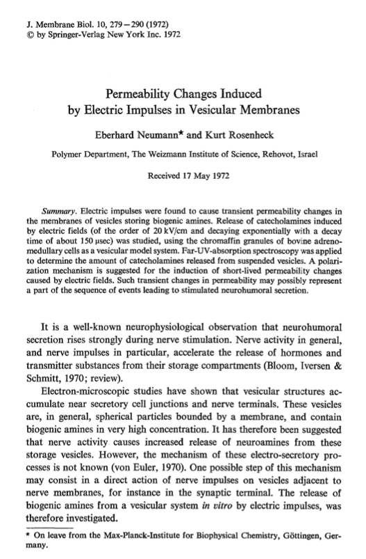NikoMcCarty's tweet photo. If you shock cells with electricity, it will punch holes in the cell membrane and allow DNA to go inside. It's a ubiquitous means to transform or engineer living cells.

And yet, so-called "electroporation" seems like an odd discovery. How exactly did we figure this out?

Well, I dug into various papers from the 1970s and 80s, and this is what I found.

The original idea to "zap" cells with electricity actually had an INVERSE purpose; instead of using electricity to get stuff INTO cells, scientists used it to get stuff OUT of them.

In the 1950s, physiologists like Alan Hodgkin and Andrew Huxley studied squid axons and discovered how nerve impulses cause cells to release neurotransmitters. In 1972, two scientists at the Weizmann Institute (Eberhard Neumann and Kurt Rosenheck) wondered if this same principle would work in isolation; what if we could use controlled pulses of electricity to coax cells to release, well, other things?

The duo took some vessicles filled with ATP and proteins, put them between platinum electrodes, and shocked them. Then, they used a UV spectrometer to see which molecules were released. Surprisingly, they found that small molecules were released while the bigger proteins remained trapped inside.

The duo also discovered that membranes become PERMEABLE, but not destroyed, when zapped with electricity. The electricity punches holes in the membrane only for a very short time.

A decade later, in 1982, recombinant DNA has become a widespread technology. Molecular biologists are cloning genes, but find it tedious to get their DNA into cells. The main methods available are calcium-phosphate solutions (which carry DNA through the membrane via electrostatic charges), microinjections, and viruses. But none of these methods work reliably across cell lines.

So Eberhard Neumann (the same guy from 1972) thinks: "Huh, if electricity can punch holes into membranes and cause them to leak stuff out, perhaps I could use it to put stuff in..." And that's what he did.

Neumann took some mouse fibroblast cells deficient in an enzyme called thymidine kinase. The cells need this particular enzyme to grow in a special growth medium, called HAT.

Next, Neumann took some plasmids encoding the thymidine kinase gene and tried to shock it into cells. If the cells took up the plasmid, then they would survive in the HAT broth. If they didn't, then they would die and fail to grow.

He tried many electrical settings, with different field strengths, pulse durations, temperatures, and DNA concentrations. After each attempt, he tried to grow the cells. Using this basic experimental framework, he figured out the optimal settings to transform cells and invented the technology now known as "electroporation." His paper has been cited thousands of times.

TL;DR: The idea to shock cells for DNA transformation came from observations, in the 1950s, that electrical signals in nerves coax cells to release neurotransmitters. Very cool!