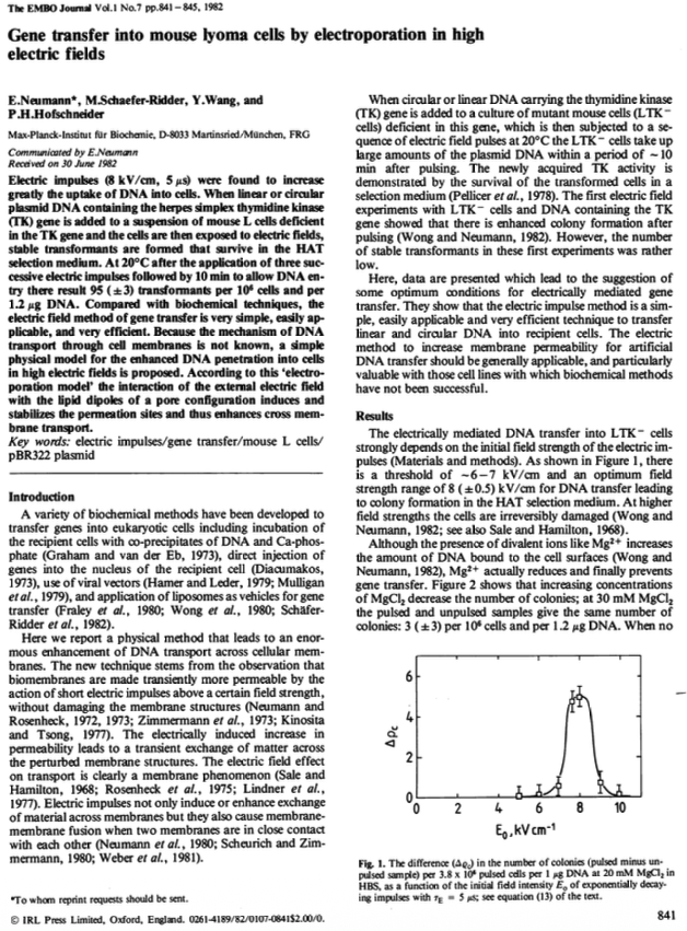 NikoMcCarty's tweet photo. If you shock cells with electricity, it will punch holes in the cell membrane and allow DNA to go inside. It's a ubiquitous means to transform or engineer living cells.

And yet, so-called "electroporation" seems like an odd discovery. How exactly did we figure this out?

Well, I dug into various papers from the 1970s and 80s, and this is what I found.

The original idea to "zap" cells with electricity actually had an INVERSE purpose; instead of using electricity to get stuff INTO cells, scientists used it to get stuff OUT of them.

In the 1950s, physiologists like Alan Hodgkin and Andrew Huxley studied squid axons and discovered how nerve impulses cause cells to release neurotransmitters. In 1972, two scientists at the Weizmann Institute (Eberhard Neumann and Kurt Rosenheck) wondered if this same principle would work in isolation; what if we could use controlled pulses of electricity to coax cells to release, well, other things?

The duo took some vessicles filled with ATP and proteins, put them between platinum electrodes, and shocked them. Then, they used a UV spectrometer to see which molecules were released. Surprisingly, they found that small molecules were released while the bigger proteins remained trapped inside.

The duo also discovered that membranes become PERMEABLE, but not destroyed, when zapped with electricity. The electricity punches holes in the membrane only for a very short time.

A decade later, in 1982, recombinant DNA has become a widespread technology. Molecular biologists are cloning genes, but find it tedious to get their DNA into cells. The main methods available are calcium-phosphate solutions (which carry DNA through the membrane via electrostatic charges), microinjections, and viruses. But none of these methods work reliably across cell lines.

So Eberhard Neumann (the same guy from 1972) thinks: "Huh, if electricity can punch holes into membranes and cause them to leak stuff out, perhaps I could use it to put stuff in..." And that's what he did.

Neumann took some mouse fibroblast cells deficient in an enzyme called thymidine kinase. The cells need this particular enzyme to grow in a special growth medium, called HAT.

Next, Neumann took some plasmids encoding the thymidine kinase gene and tried to shock it into cells. If the cells took up the plasmid, then they would survive in the HAT broth. If they didn't, then they would die and fail to grow.

He tried many electrical settings, with different field strengths, pulse durations, temperatures, and DNA concentrations. After each attempt, he tried to grow the cells. Using this basic experimental framework, he figured out the optimal settings to transform cells and invented the technology now known as "electroporation." His paper has been cited thousands of times.

TL;DR: The idea to shock cells for DNA transformation came from observations, in the 1950s, that electrical signals in nerves coax cells to release neurotransmitters. Very cool!