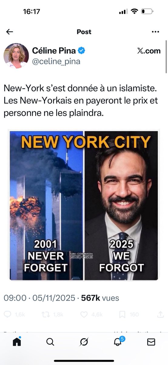 Comparer un maire élu à un attentat, ce n’est pas de l’analyse journalistique ni du courage politique, c’est du crash intellectuel <a href="/celine_pina/">Céline Pina</a> à ce stade il faut se mettre en retrait des médias. #Mamdani