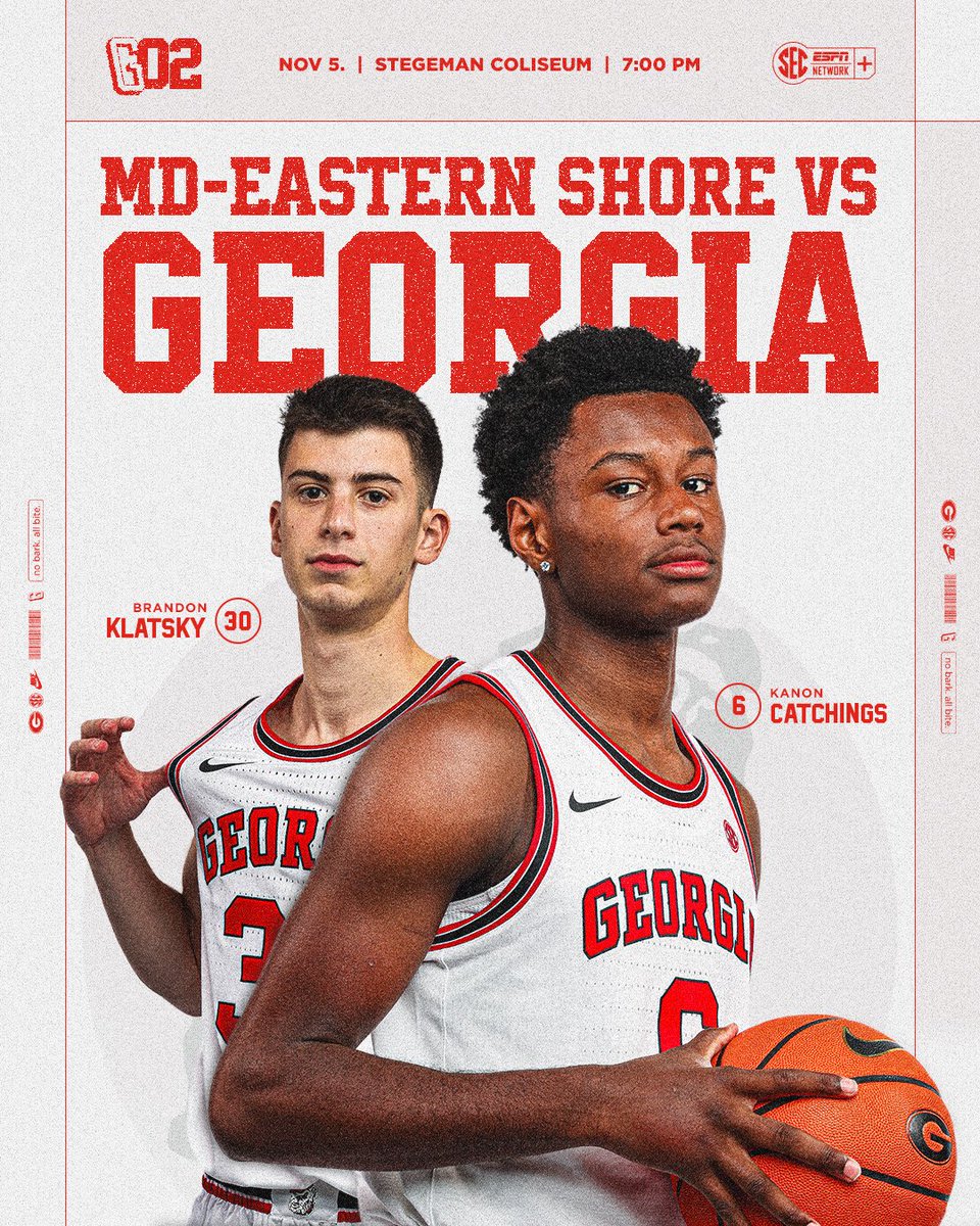 See you in Stegeman!

🆚Maryland-Eastern Shore
🕗7:00 p.m. ET
📍Stegeman Coliseum 
📺SEC Network+
📻Georgia Bulldogs Network
🎟️ gado.gs/mbbtix

#GoDawgs