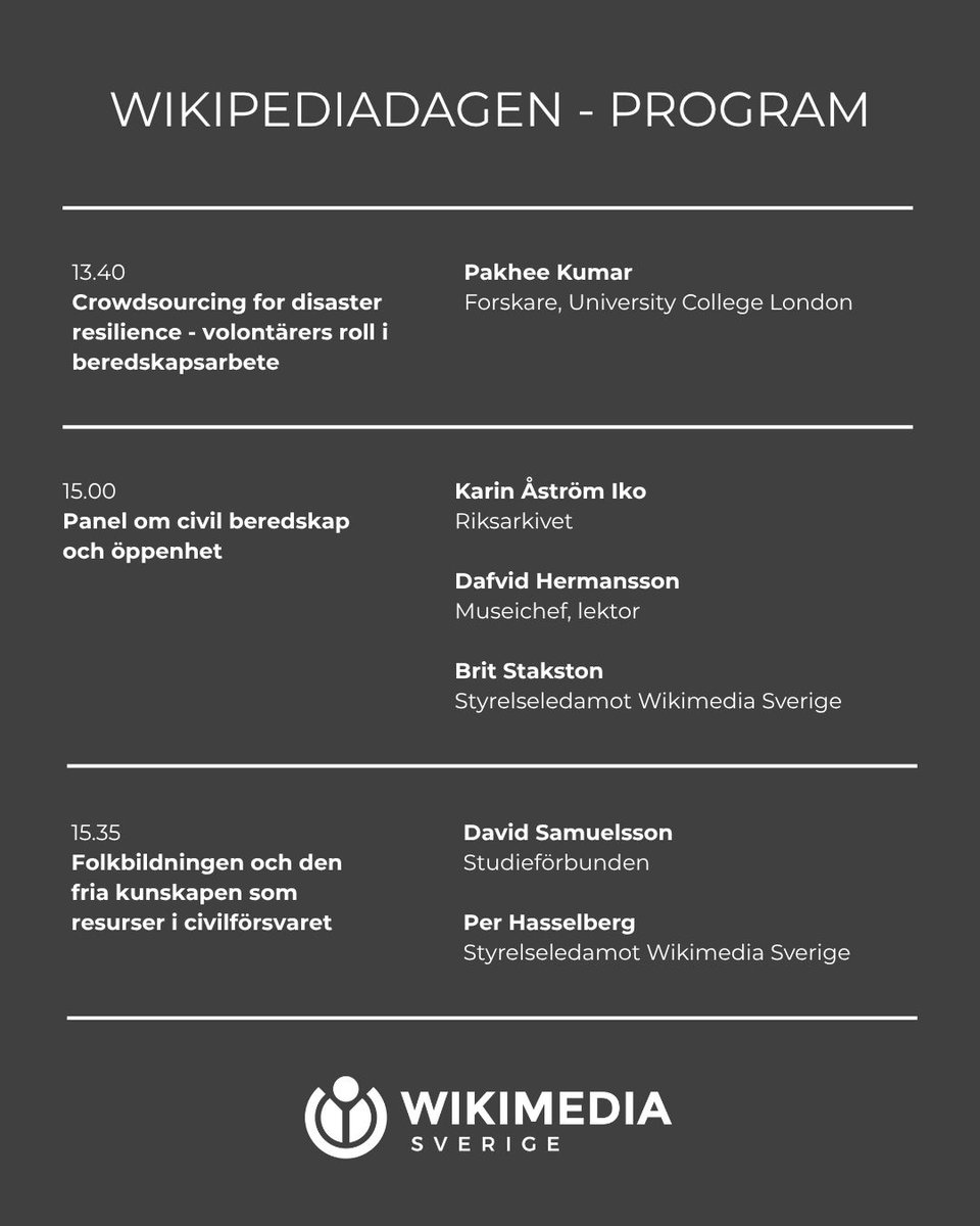 Programmet för årets Wikipediadag är nu släppt!

Kom ihåg att anmäla dig till evenemanget: docs.google.com/.../1FAIpQLSem…

Se hela programmet samt läs mer om evenemanget här: se.wikimedia.org/wiki/Wikipedia…

Hoppas att vi ses den 16 november!