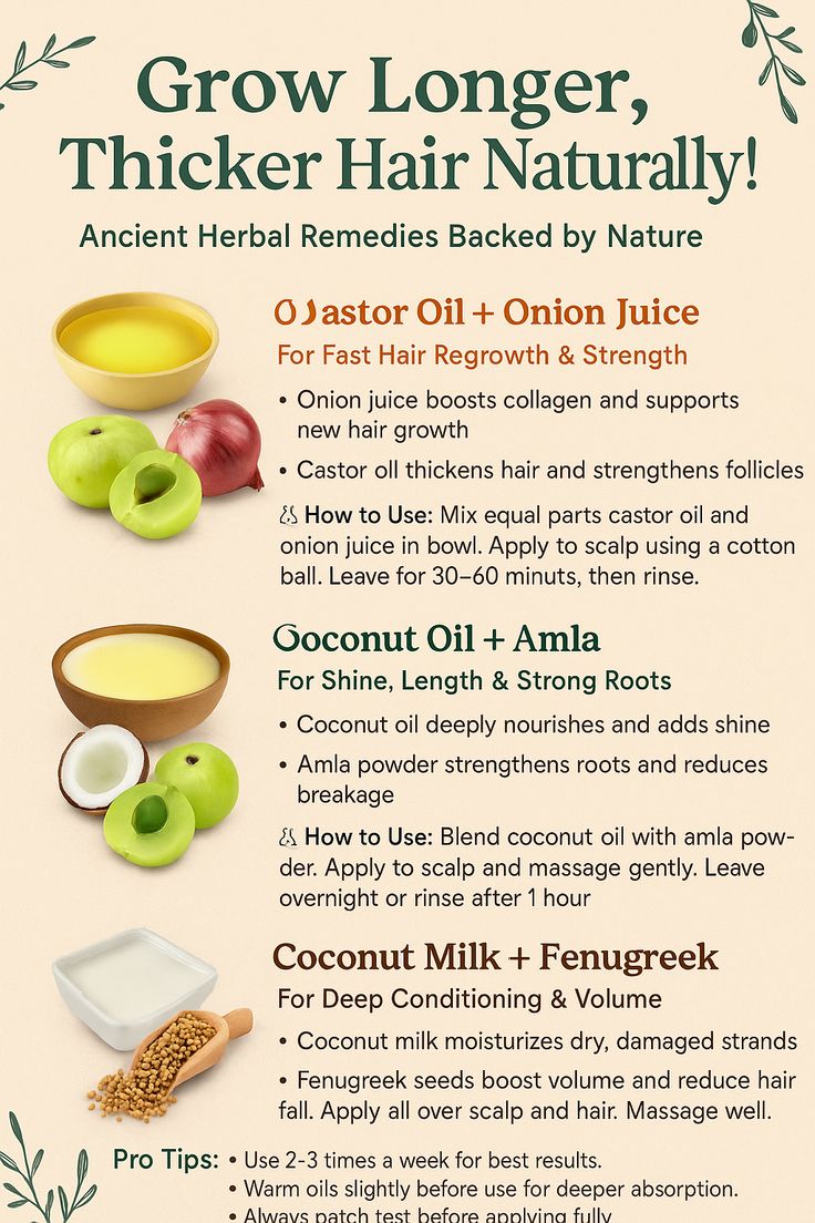 BarbaraOneillAU's tweet photo. 🌿 Nature’s Secret to Thicker, Longer Hair — Backed by Ancient Remedies! ✨

Forget expensive serums — your kitchen holds the real hair growth magic!

🧅 Castor Oil + Onion Juice
Boosts collagen, strengthens follicles, and sparks fast regrowth.

🥥 Coconut Oil + Amla
Deeply nourishes your scalp, adds shine, and reduces breakage.

🥛 Coconut Milk + Fenugreek
Moisturizes dry strands, restores volume, and minimizes hair fall.