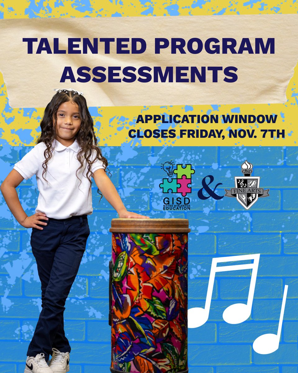 The application window for Gifted and Talented is still open! It will close this Friday, November 7th.

If you have exceptional musical talent or advanced artistic skills, this is your chance to submit your application!

🖌️ Art assessment includes: a portfolio and an on-site