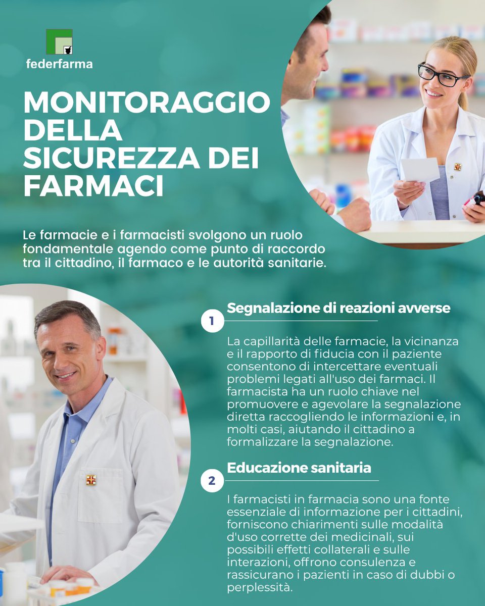 💊 #MedicinesSafetyWeek
La farmacia è un presidio deputato alla #farmacovigilanza: raccoglie segnalazioni, monitora la sicurezza dei farmaci e tutela la salute dei cittadini attraverso un controllo costante, dalla dispensazione al monitoraggio terapeutico.
#Federfarma