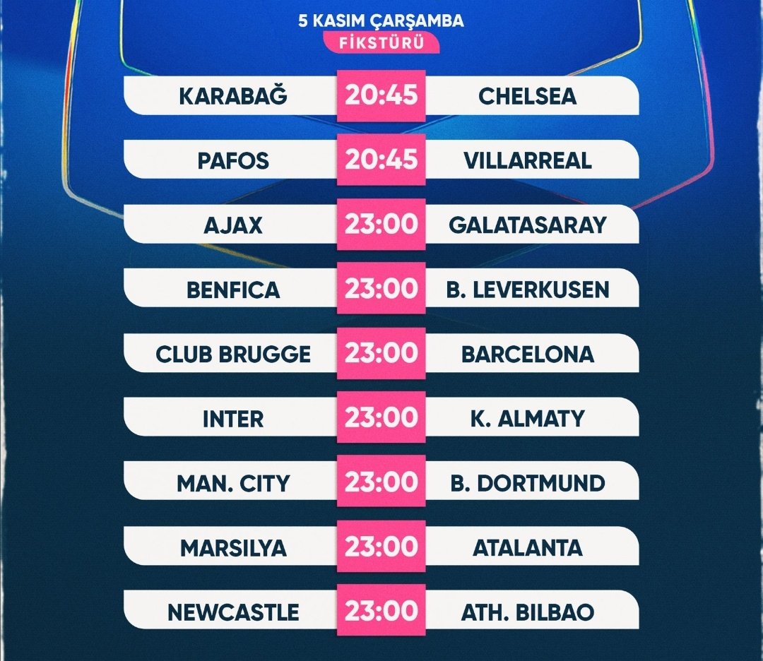 Chelsea
Villareal
Galatasaray 
Leverkusen
Barcelona
İnter
City
Marsilya 
Newcastle