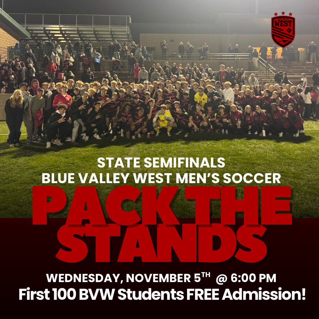 🚨JagNation🚨
Lets go! We are hosting the 6A State Semifinal tonight at 6:00PM! Let’s pack the stands &amp; support our boys as we take on a really good Washburn Rural team!!! Be there &amp; BE LOUD! First 100 BV West Students are FREE!
<a href="/BVWestJAGS/">BVW Jaguar Athletics</a>
<a href="/westjags/">Blue Valley West</a>