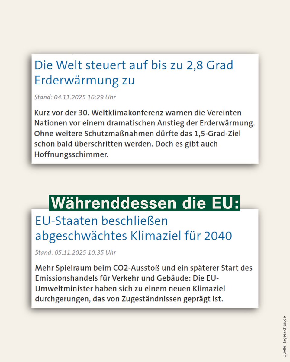 Die Welt steuert auf 2,8 Grad Erderwärmung zu. Währenddessen beschließen die EU-Staaten ein abgeschwächtes Klimaziel für 2040. Finde den Fehler… Es ist, als würde man bei einem Brand irgendwann den Hahn am Feuerlöscher zudrehen.