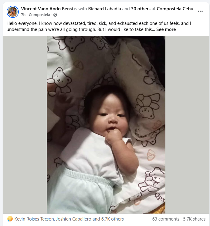 TheMarkMonta's tweet photo. Sharing this to help. If anyone has seen baby CAYDEN from Compostela, please contact Vincent Vann Ando Bensi right away. Thank you so much.

#TyphoonTino #Cebu #typhoon #tino https://t.co/UgCLFZLfyE