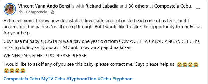 TheMarkMonta's tweet photo. Sharing this to help. If anyone has seen baby CAYDEN from Compostela, please contact Vincent Vann Ando Bensi right away. Thank you so much.

#TyphoonTino #Cebu #typhoon #tino https://t.co/UgCLFZLfyE