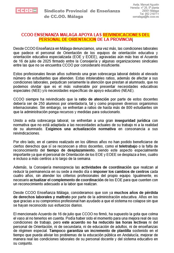 Desde <a href="/CCOOEnseMalaga/">CCOOEnseñanzaMálaga</a> apoyamos a <a href="/AOSMA_orienta/">AOSMA</a> en sus reivindicaciones. La labor d l@s Orientadoras/es es fundamental para una #educaciónpública d calidad en #Málaga. En estas condiciones es inviable <a href="/EducaAnd/">Consejería Desarrollo Educativo y FP</a> <a href="/educacionmlg/">Desarrollo Educativo Málaga</a> Queremos un modelo d orientación educativo y preventivo