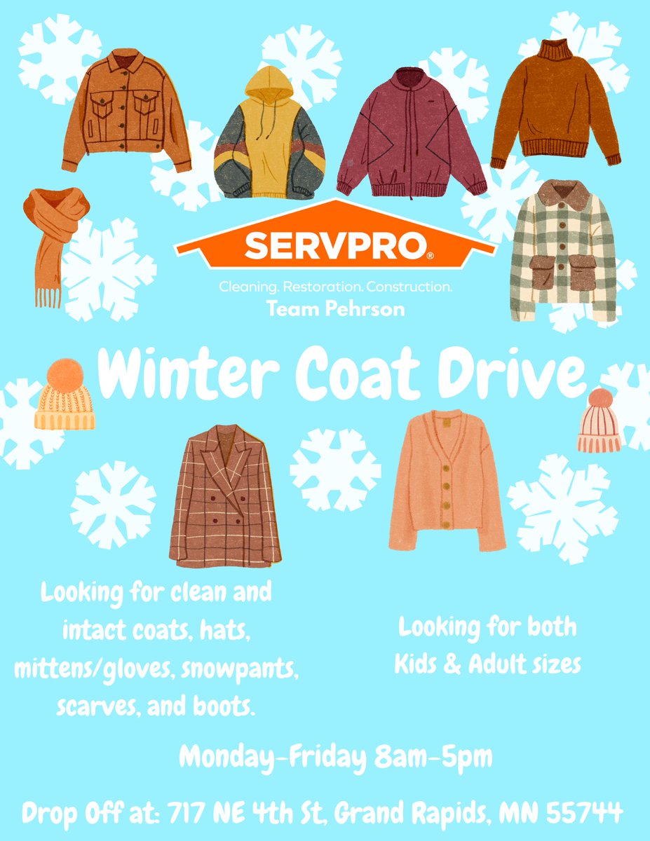 As the weather gets cooler, we know the importance of warm clothes and bundling up. We here at SERVPRO Team Pehrson are running a coat drive this Winter season at our Grand Rapids office to help those in need in our communities.

#coatdrive #SERVPRO