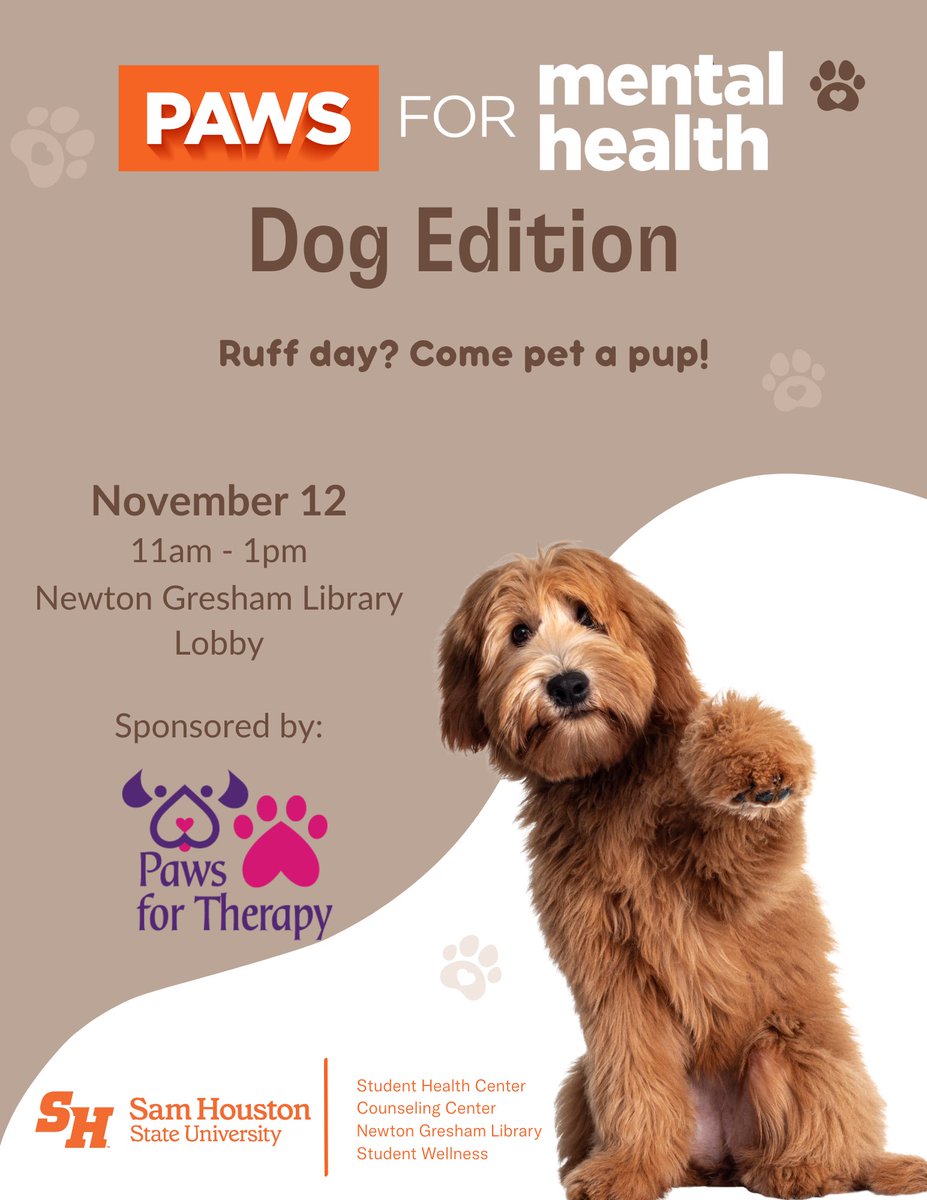Time to hit PAWS on mid-semester stress! Join us for "Paws for Mental Health" next week to de-stress with therapy dogs! 🐶 Brought to you by our partner, Paws for Therapy. 🐾

🗓 Wednesday, November 12
📍Newton Grisham Library
🕰 11 A.M. - 1 P.M.