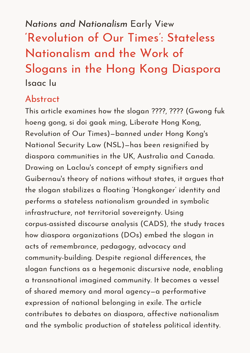 asenevents's tweet image. Isaac Iu writes on &quot;‘Revolution of Our Times’: Stateless Nationalism and the Work of Slogans in the Hong Kong Diaspora&quot; for our next #earlyview article, up now at onlinelibrary.wiley.com/doi/10.1111/na…