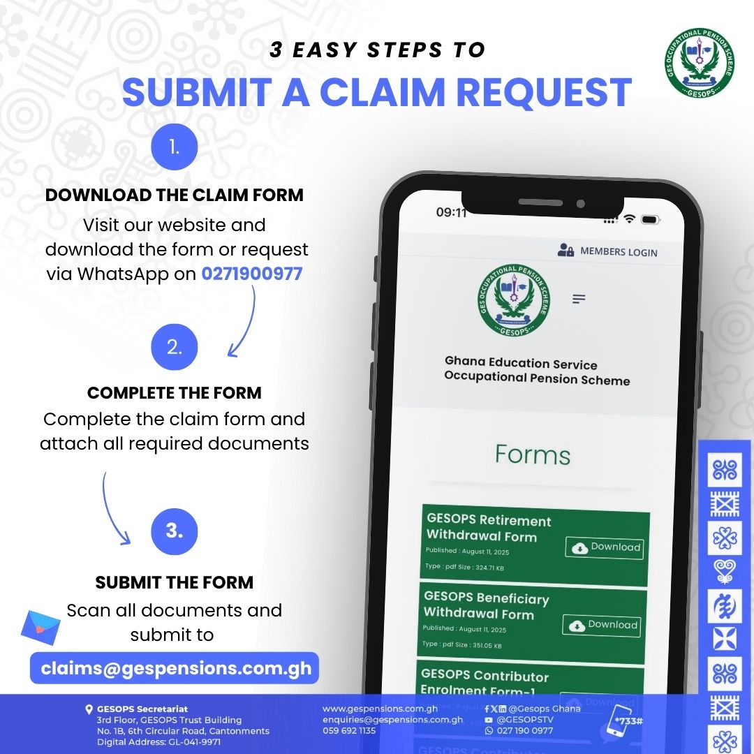 Submitting claims just got easier! We've introduced a dedicated email EXCLUSIVELY for claims requests. Follow these simple steps to ensure a fast and efficient response.

Visit gespensions.com.gh  linktr.ee/gesopstrust or call 0596921135

 #GESOPS #Claims #Tier2