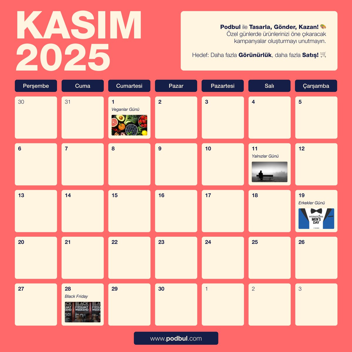 🍂 Kasım 2025’te Podbul ile Etsy ve Amazon satışlarını artırmaya hazır mısın?
Yılın en hareketli satış sezonu başlıyor! 🎁
Kasım ayı; özel günler, indirim fırsatları ve yoğun alışveriş dönemiyle e-ticaret satıcıları için büyük bir potansiyel taşıyor.
#Podbul #PrintOnDemand #Pod