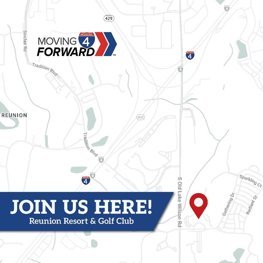 MyFDOT_CPO_MI4's tweet image. Moving I-4 Forward is hosting a public meeting on November 18, from 5:30-7:30 p.m. at Reunion Resort &amp;amp; Golf Club, 7593 Gathering Drive, Kissimmee, FL, 34747. At the public meeting, we’ll share information on upcoming improvements within Projects 1 and 2 on the I-4 Corridor and…