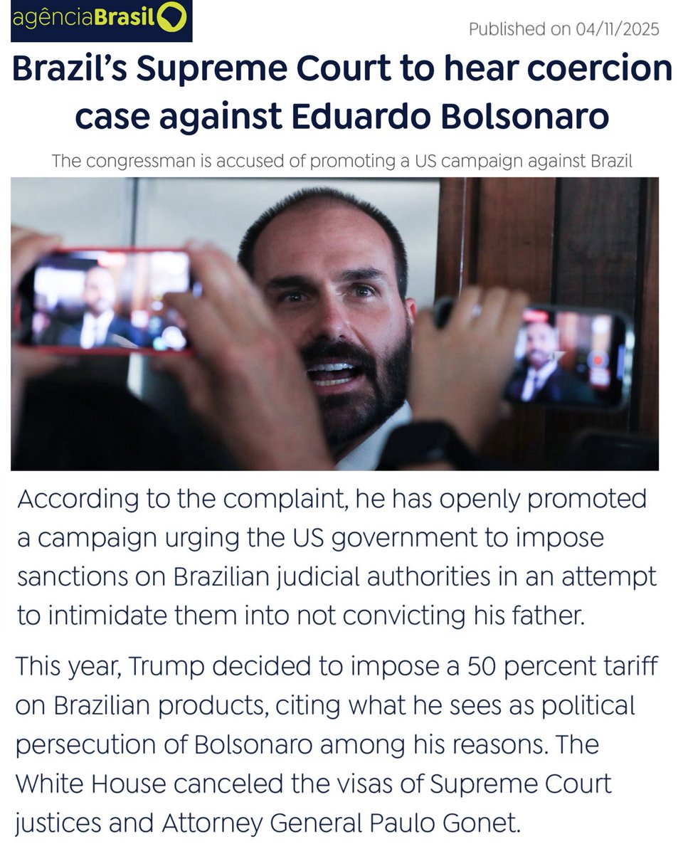 BolsonaroSP's tweet photo. 🇧🇷🇺🇸 BRAZILIAN JUDICIARY CONSIDERS THE TRUMP ADMINISTRATION A CRIMINAL ORGANIZATION

The supreme court of Brazil, through its Justice Alexandre de Moraes, will judge me for allegedly committing the crime of coercion. They attribute to me the 50% tariff and the OFAC/Magnitsky sanctions against Moraes and his wife, as if reporting human-rights violations were a crime. Brazil is the only country in the world responding to tariffs with threats of imprisonment.

This only reinforces the deteriorating state of Brazilian institutions - Trump was right in his JUL/9 letter - a legacy of the Biden administration, which, through USAID funding, logistical and moral support, interfered in Brazil’s 2022 elections, granting Alexandre de Moraes superpowers - watch @MikeBenzCyber talking about it.

As much as it may seem unwise to provoke @realDonaldTrump , @SecScottBessent , and @SecRubio , the Brazilian dictators have already signaled that they are merely waiting out the four years of the current U.S. administration before turning their cannons toward American authorities, in a coordinated effort with a future radical-left administration in the USA.

Cowards do not act on principle or on what they believe to be right, they strike where they perceive a weaker opponent. Therefore, their decision not to persecute Trump, Bessent, and Rubio at this moment is not due to lack of desire, but rather lack of opportunity. When immunity weakens, the bacteria attack.