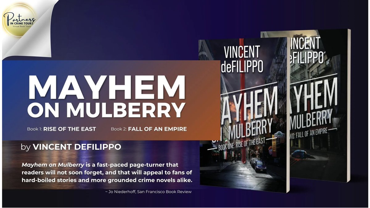 DefilippoAuthor's tweet photo. Showcase of Mayhem on Mulberry by Vincent deFilippo and TWO (2) US-ONLY Winners of a $50 Amazon Gift Card | via Silver's Reviews https://t.co/WKujat7Fuh 

MAYHEM ON MULBERRY
by Vincent deFilippo
October 12 - November 21, 2025 Virtual Book Tour

 MAYHEM ON MULBERRY
by Vincent deFilippo
October 12 - November 21, 2025 
Virtual Book Tour
CHINESE GANGS CLASH WITH THE OLD-SCHOOL ITALIAN "FAMILIES." It's 1990 in New York City. The AIDS pandemic is raging, murder is at an all-time high, an arsonist burns 87 people to death in a Bronx social club, and garbage and graffiti overwhelm the city. Though a sense of lawlessness pervade the city, being a gangster just isn’t the same anymore. In fact, it may be the twilight of the Italian mob: Under pressure from the feds and their loss of new recruits, the real menace facing them is the other ethnic gangs that are encroaching on their territory—in particular the Chinese.

Mayhem on Mulberry: Book One: Rise of the East
Amazon | Kindle Unlimited | Barnes & Noble | BookShop | Goodreads | BookBub
BOOK ONE: RISE OF THE EAST
What if the only way to protect the one you love is to destroy everything you've ever known?
New York City, 1990-a city teetering on the brink of chaos. The AIDS pandemic is ravaging communities, crime is at an all-time high, and the streets pulse with the tension of gang warfare. The once-dominant Italian mafia, now in its twilight, faces a new threat: the rise of ruthless ethnic gangs determined to carve up their territory.

Enzo DeCarlo, heir to a fading mob empire, is caught between two worlds. His father, the old-school Don Vincenzo, clings to the traditions of the past while the DeCarlo family crumbles under pressure from the feds and encroaching Chinese, Vietnamese, and Korean gangs. Enzo's loyalty to his family has always been unwavering-until he meets the captivating Jen Mo Li, a woman with secrets as dangerous as her beauty.

Jen, the daughter of a powerful Chinese crime family, is no stranger to the brutal world of organized crime. Overlooked and undervalued by her own family, she fights to prove herself in a male-dominated world, growing colder and more ruthless with each passing day. But when her brother is murdered, and the blame falls on Enzo, Jen's desire for revenge spirals into something far more deadly-especially as her heart betrays her by falling for the enemy.

With tensions between their families at a boiling point and betrayal lurking at every turn, Enzo and Jen's forbidden love becomes a ticking time bomb. When Jen takes control of the notorious Black Dragon gang, the violence escalates to all-out war in Chinatown, with blood flowing in the streets and power shifting hands. But Jen's bold moves come at a terrible cost, and when a tragic mistake links her to a human trafficking operation, she finds herself hunted by both the law and her enemies.

As their worlds spiral out of control, Enzo and Jen are forced to make impossible choices. Can Enzo defy his father and the mafia's brutal code to save Jen and their child? And can Jen survive long enough to claim her throne in the criminal underworld-or will the betrayals she's suffered drive her to a darker fate?

In this explosive tale of love, betrayal, and survival, nothing is certain, and no one is safe. Dive into the pulse-pounding world of gangland New York, where power, loyalty, and love collide. Will Enzo and Jen escape the deadly shadows of their families-or be consumed by them?

The streets are unforgiving. Are you ready to find out who survives?

Praise for Mayhem on Mulberry: Book One: Rise of the East:
"Mayhem on Mulberry is a fast-paced page-turner that readers will not soon forget, and that will appeal to fans of hard-boiled stories and more grounded crime novels alike."
~ Jo Niederhoff, San Francisco Book Review

Mayhem on Mulberry: Book Two: Fall of an Empire
Amazon | Kindle Unlimited | Barnes & Noble | BookShop | Goodreads | BookBub
BOOK 2: FALL OF AN EMPIRE
How far would you go to destroy the ones who wronged you?
In Mayhem on Mulberry: Book Two, the ruthless battle between the Chinese mob and the Italian Mafia rages on—but this time, vengeance runs deeper than blood. It’s 2020, and Jen Mo Li, presumed dead for decades, is very much alive. Back in New York under an assumed identity, Jen has one goal—to annihilate the DeCarlo family. She’s spent years plotting her revenge, using her beautiful daughter, Julia, as the perfect weapon to tear them apart from the inside.

Nicky DeCarlo, son of Enzo, is determined to break free from the fading mob legacy and start fresh. But when Julia, under Jen’s manipulation, seduces him and lures him into a dangerous heist, Nicky’s dreams of escape turn into a nightmare. Unbeknownst to him, Julia is not just an enemy—she’s his sister.

As the Chinese mob tightens its grip on New York, the Italians plan one last high-stakes score, setting the stage for a dramatic showdown. Betrayal, forbidden love, and shocking family secrets collide in a deadly game where no one is safe, and loyalty could prove fatal.

Will Nicky uncover the truth before it’s too late? Or will Jen’s plan for vengeance destroy everything he holds dear?

Dive into this pulse-pounding sequel that will leave you on the edge of your seat. Get your copy today and find out who survives the mayhem!

Praise for Book Two: Fall of an Empire:
"Vincent deFilippo masterfully weaves a tale of power, betrayal, and survival, where every choice cuts deep. With characters who are fierce, flawed, and navigating a world where morality collides with necessity, this isn’t just a story; it’s a riveting, adrenaline rush."
~ Kathryn Dare, San Francisco Book Review

Book Details:
Genre: Suspense, Mystery, Crime, Action
Published by: ViennaRose Publishing
Series: Mayhem on Mulberry

Author Bio:
Vincent deFilippo
Dr. Vincent DeFilippo, an international financier and former CEO of a private equity fund in Hong Kong, where he aided numerous executives and businesses in raising billions of dollars in capital.

Currently residing in New York, he is a Professor at Monroe College, where he mentors and teaches young people to achieve their goals. Driven by his passion for writing and storytelling, he captivates readers with his fiction works and provides practical business and financial advice through his non-fiction books.

Book Details:
Genre: Suspense, Mystery, Crime, Action
Published by: ViennaRose Publishing
Series: Mayhem on Mulberry

Don’t Miss Out! Enter Now for Your Chance to Win! This is a giveaway hosted by Partners in Crime Tours for Vincent deFilippo. Void where prohibited. 
MAYHEM ON MULBERRY by Vincent deFilippo [Gift Card] https://t.co/0rWlmkHyjx 

Pick up your copies today! Makes a wonderful holiday gift, too. https://t.co/YLvejggnXH 
https://t.co/sHRQHHZ0KK

#Giveaway
