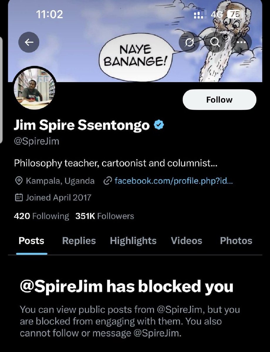 Professor of cowards has blocked me after suggesting that we also post the good things <a href="/kiuvarsity/">Kampala International University</a> has done for the community. 

Why shouldn't I think that the work he's doing is a gig?
Jim Spire Coward Ssentongo😂😂😂