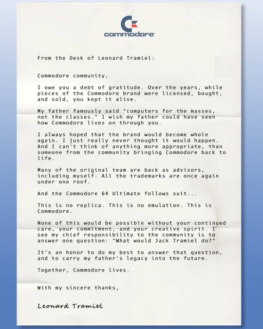 commodoreofcl's tweet image. A letter from Leonard Tramiel. #WeAreCommodore

commodore.net