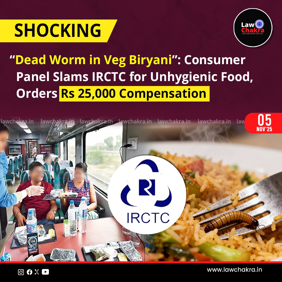 LawChakra's tweet image. The District Consumer Commission, New Delhi, held IRCTC guilty of serving unhygienic food after a passenger found a dead worm in Veg Biryani on the Poorva Express.
For More Details Visit: lawchakra.in/legal-updates/…
#Shocking #IRCTC #Food #COMPENSATION #ConsumerRights