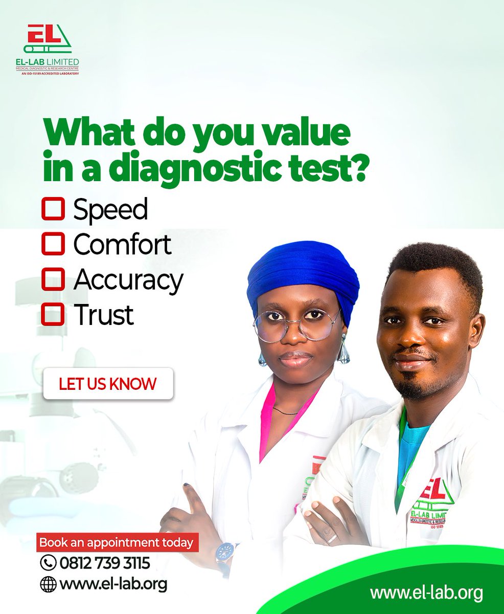 Ellab_ng's tweet image. For you; is it speed, accuracy, comfort or trust? 

At EL-LAB we ask: how can we do better? Let us know!

Book an appointment at EL-LAB today
Call: 08127393115 or DM us to book your test!
Visit our website: el-lab.org

#ELLABCares #LetUsKnow #CountdownToQualityWeek