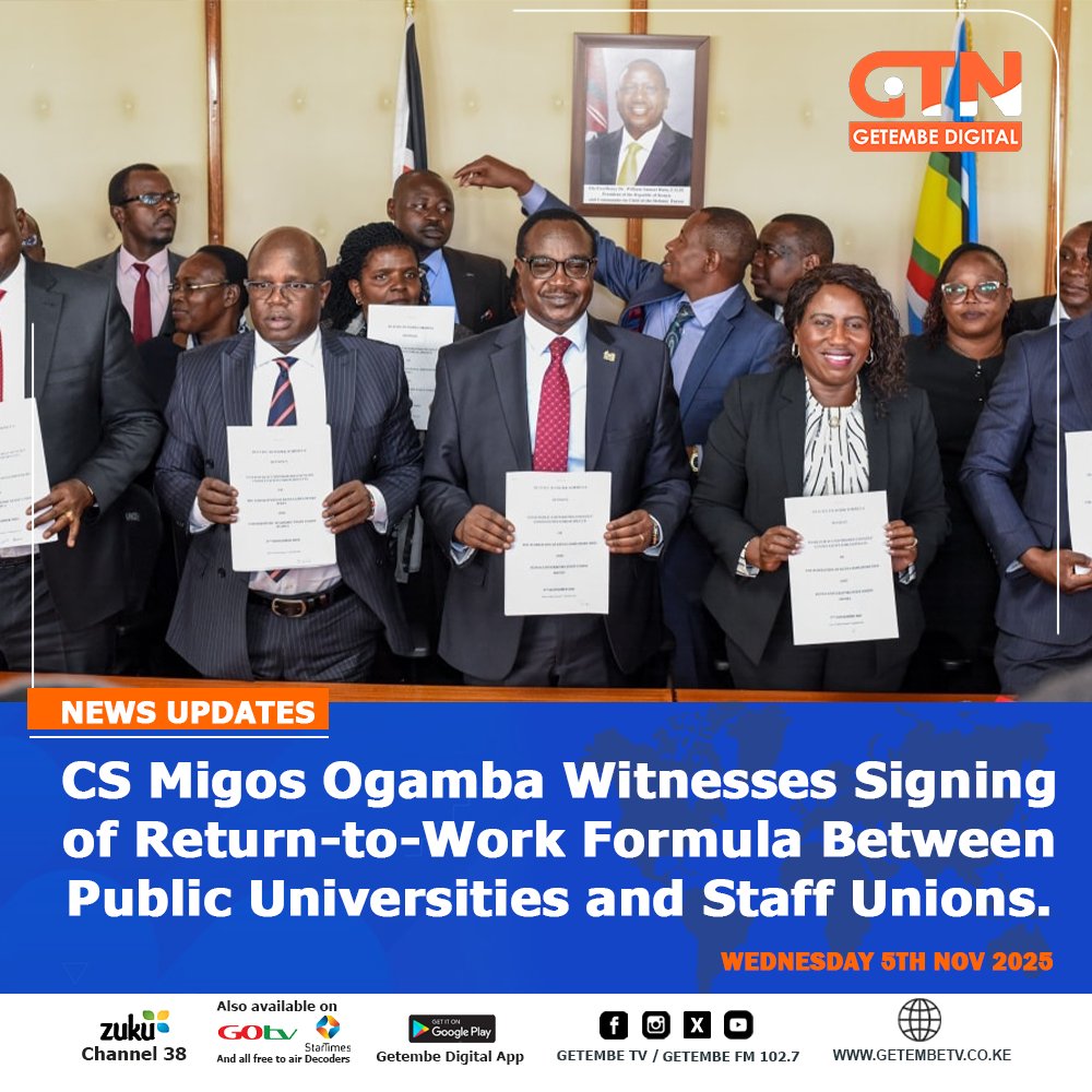 GetembeTV's tweet image. CS Migos Ogamba Witnesses Signing of Return-to-Work Formula Between Public Universities and Staff Unions.
#LecturersStrike #UASU #CBATalks #KenyaNews