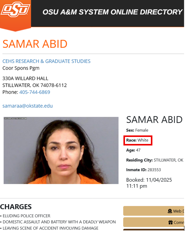Hey @OkState, is this one of yours?
Samar Ali Abid

If you're wondering why she didn't show up this morning, it's because she's in the Payne County Jail.