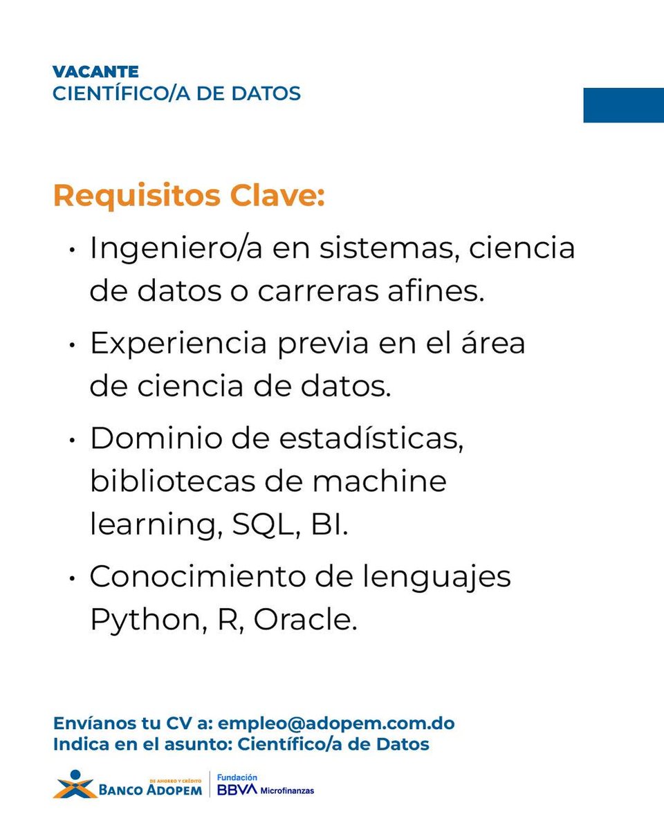 abancord's tweet photo. 📢 ¿Buscas una oportunidad laboral?
Nuestro asociado @banco_adopem está en busca de nuevos talentos comprometidos, con vocación de servicio y pasión por generar impacto. 💼✨ https://t.co/gO0EXZwyUH