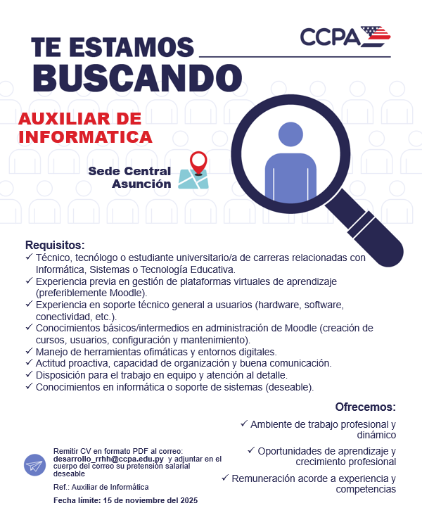 CCPA_paraguay's tweet photo. Seguimos creciendo y te queremos en nuestro equipo🫵
⚠️Auxiliar de RRHH⚠️⚠️Auxiliar de Informatica⚠️

💻Envianos tu CV en formato PDF a: desarrollo_rrhh@ccpa.edu.py https://t.co/3trK8qNKhK