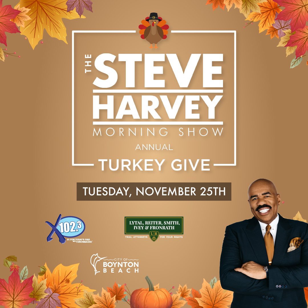 <a href="/SteveHarveyFM/">Steve Harvey Radio</a>'s #SHMSTurkeyGive is back!
🎧Tune in at 5P TOMORROW, Nov. 25 for Mark McCrazy to reveal the SECRET LOCATION 👀
🏃‍♂️The first 102 people to arrive get a GC for their Thanksgiving turkey (while supplies last)!

🦃 Don’t miss it! Thanks to <a href="/4your_rights/">For Your Rights</a> <a href="/cityofboynton/">City of Boynton</a>