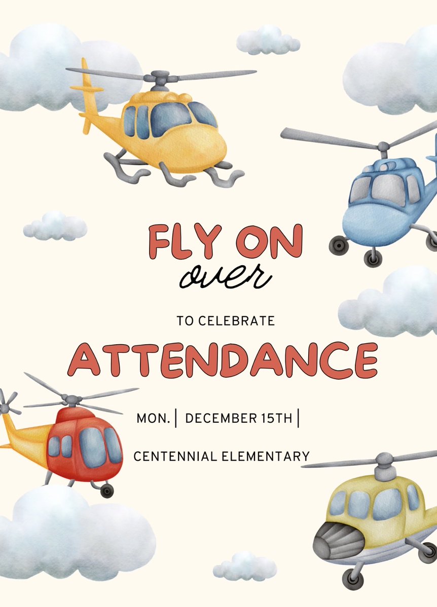 Get ready, CE! From November 5th through December 10th, we’re setting a huge goal — a 96.0% attendance rate for our entire campus! 🎯

If we can hit that goal, then on December 15th, something AMAZING will happen… 🚁
A helicopter will land right here at CE!