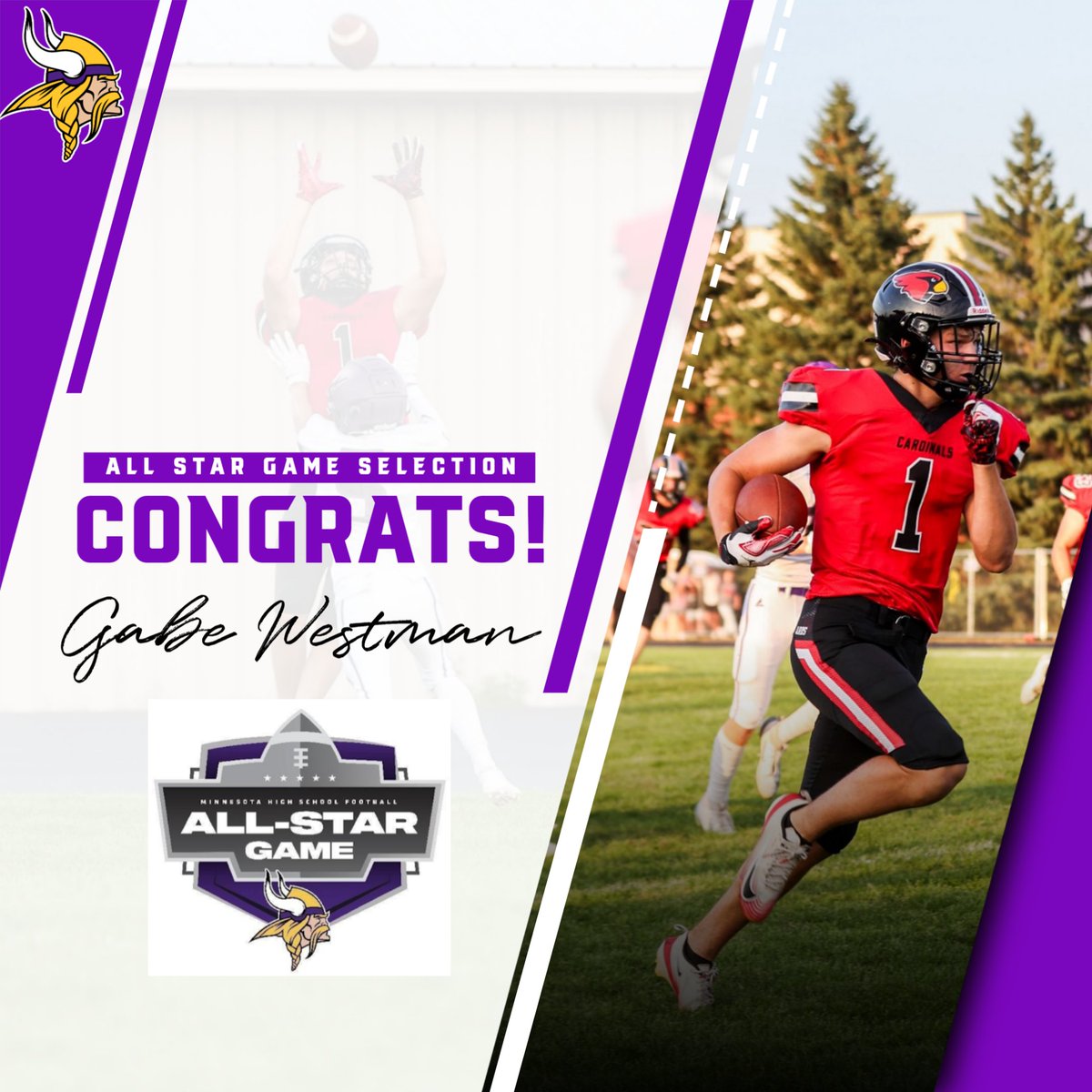 Congrats to Cardinal football senior Gabe Westman on being selected to represent the North team in the Minnesota High School Football All-Star Game at US Bank Stadium on December 13th!

The game is sponsored by the Minnesota Football Coaches Association and the Minnesota Vikings.