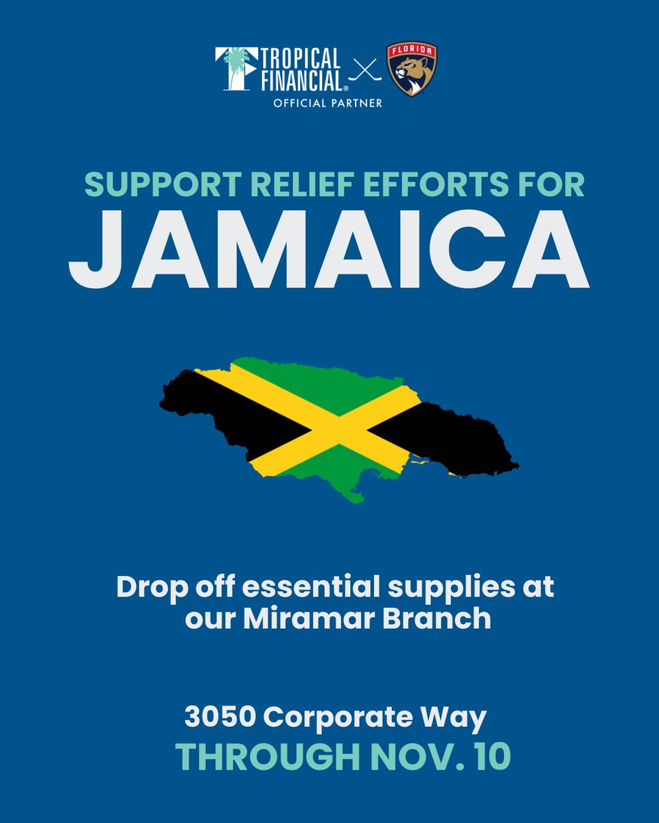 Join us in supporting Jamaica!

TFCU is collecting essential supplies to send directly to those in need.
Drop off your donations at our Miramar Branch (3050 Corporate Way) by Monday, November 10th.
 
Together, we can make a meaningful impact.  #TFCUCares #GiveBack