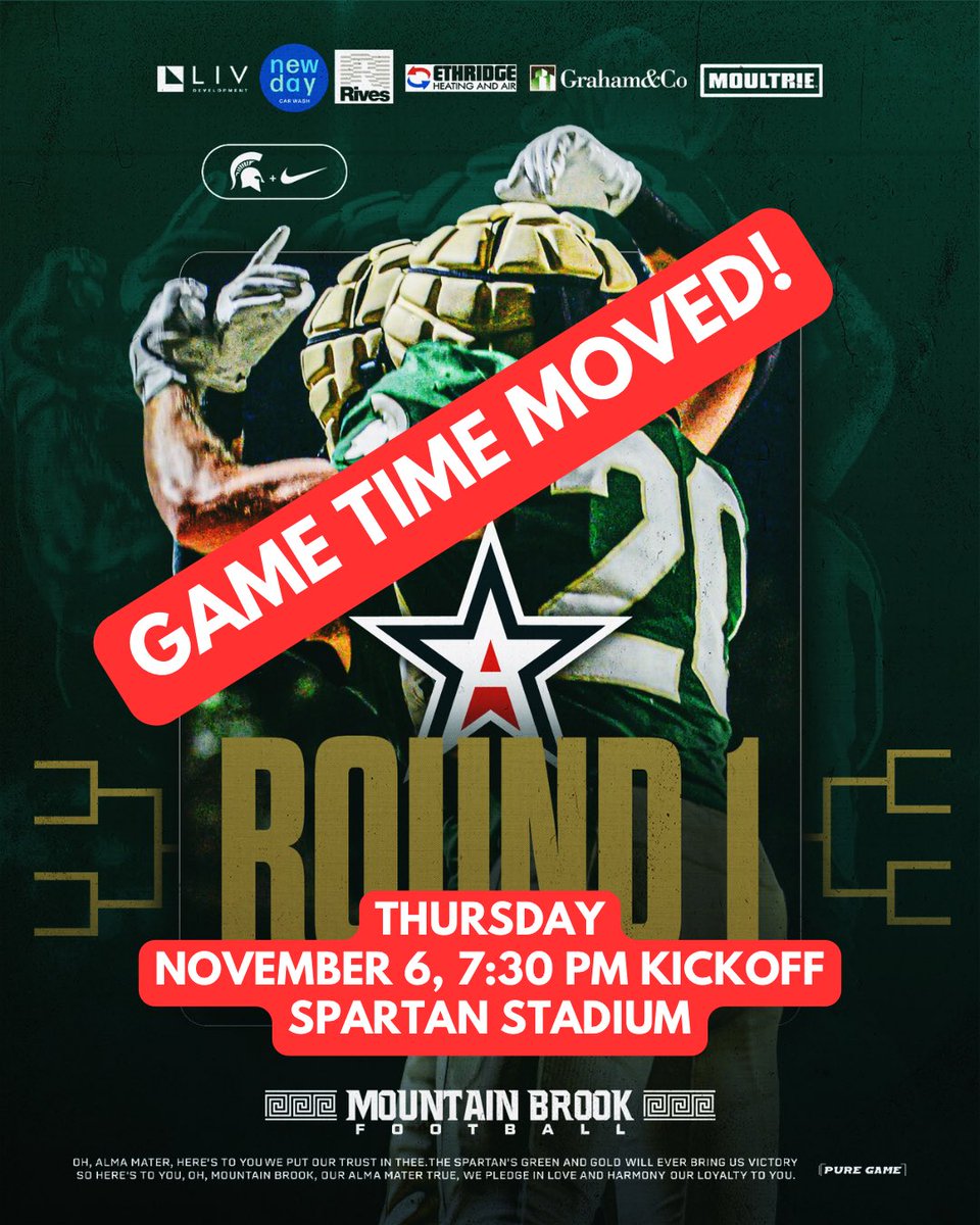 Our round 1 playoff game vs Mortimer Jordan has been moved to THURSDAY (tomorrow) at 7:30pm in Spartan Stadium at Mountain Brook High School. 

Details below