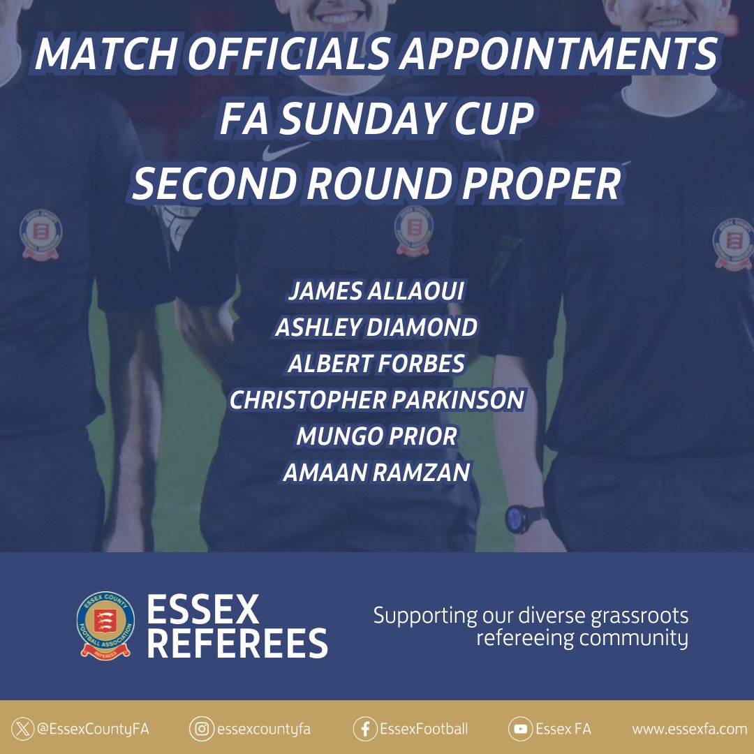 🏆 Congratulations and good luck to the 6⃣ <a href="/EssexCountyFA/">Essex County FA</a> match officials who have been appointed to The FA Sunday Cup Second Round Proper.