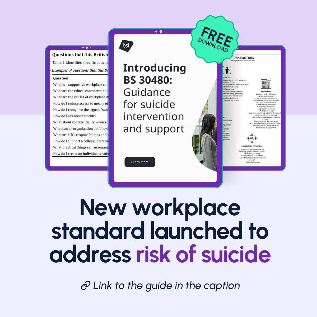 A vital free resource on #StressAwarenessDay 🌿

The BSI has published the world’s first workplace standard on suicide awareness. It aims to help organisations plan for, respond to, and support people affected by suicide or suicidal thoughts.

🔗Link: bit.ly/4nXWzIl
