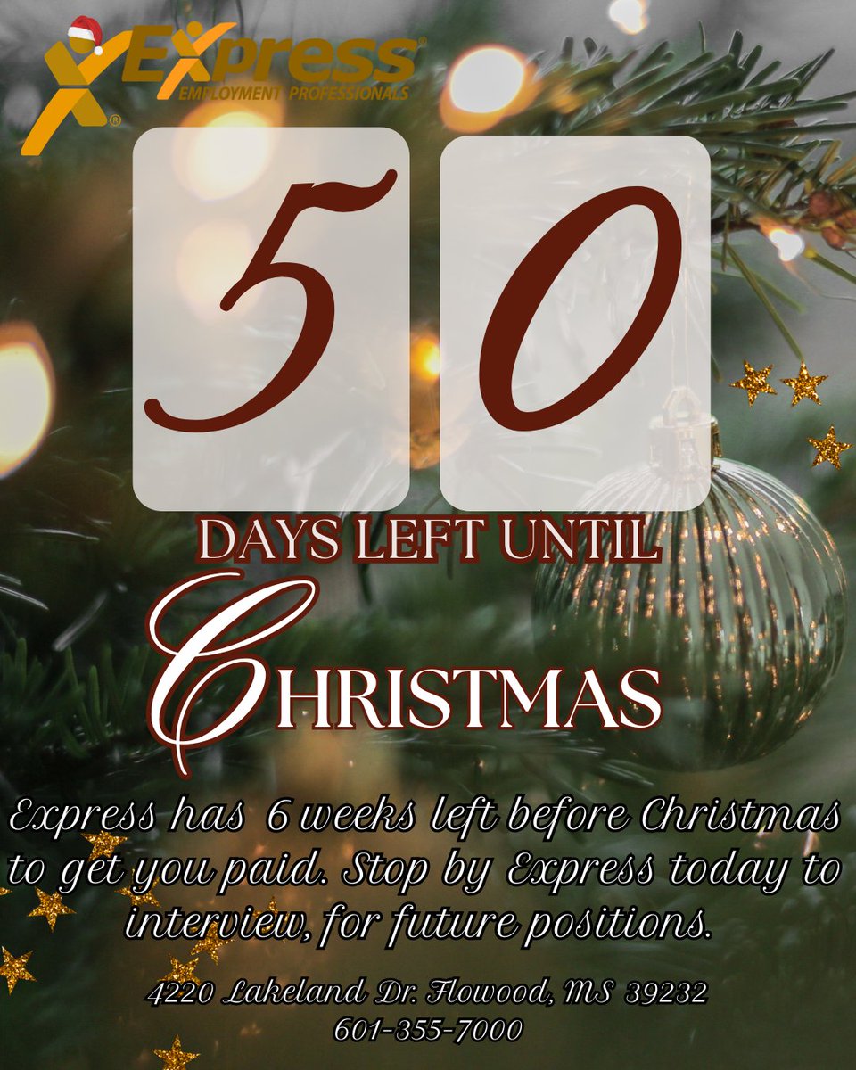 The year may be winding down, but we’re gearing up for growth! ✨
With just 50 days until Christmas and 6 pay weeks left, Express Employment Professionals is inviting motivated job seekers to stop by for a face-to-face interview and explore great local opportunities.
📍 4220...
